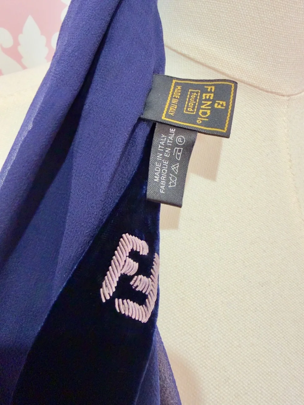 RARE Fendi Scarf Embroidered FF Logo Velvet Silk Navy